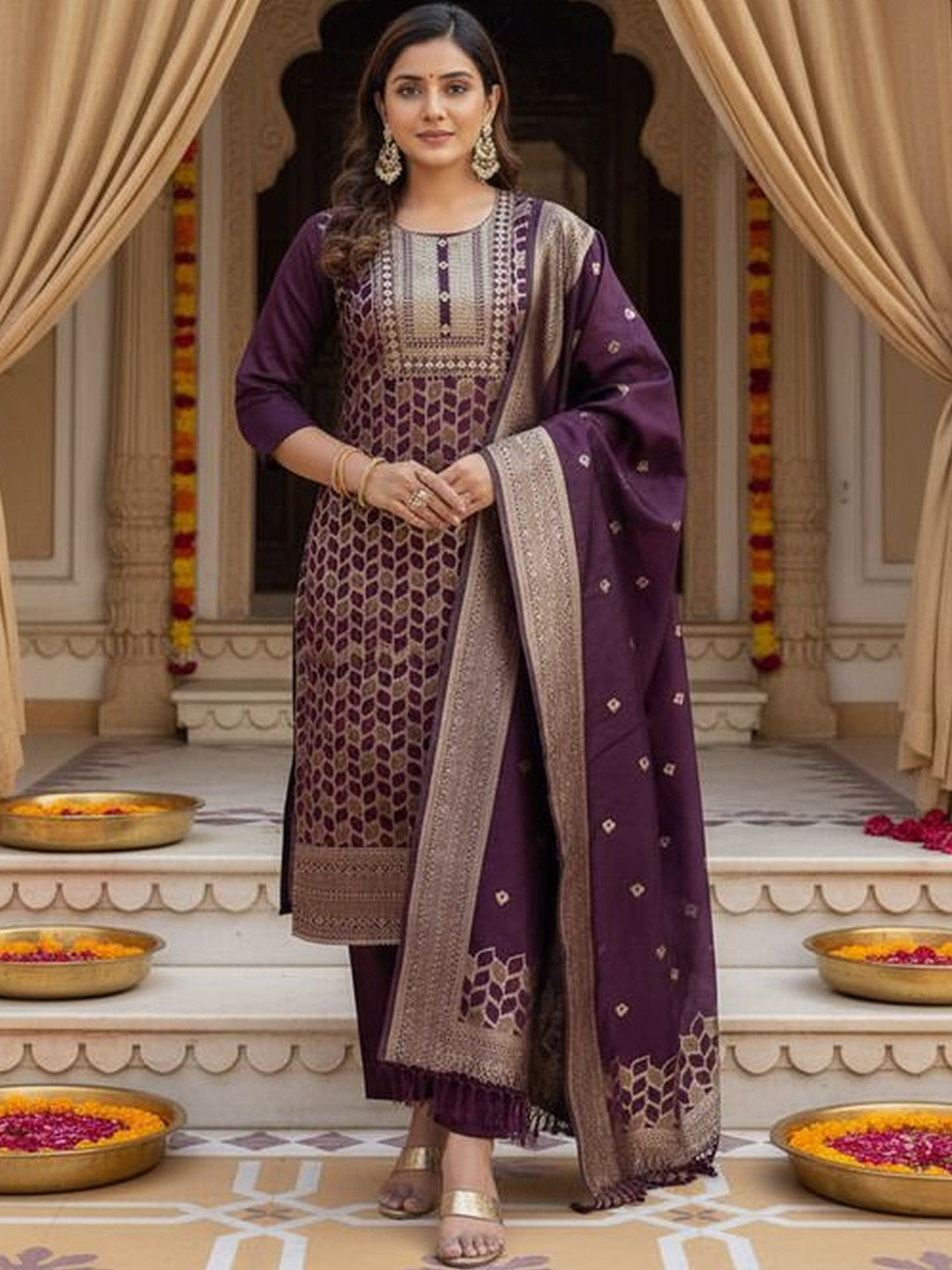 Twika Ethnic Motifs Embroidered Regular Thread Work Kurta with Trousers & With Dupatta
