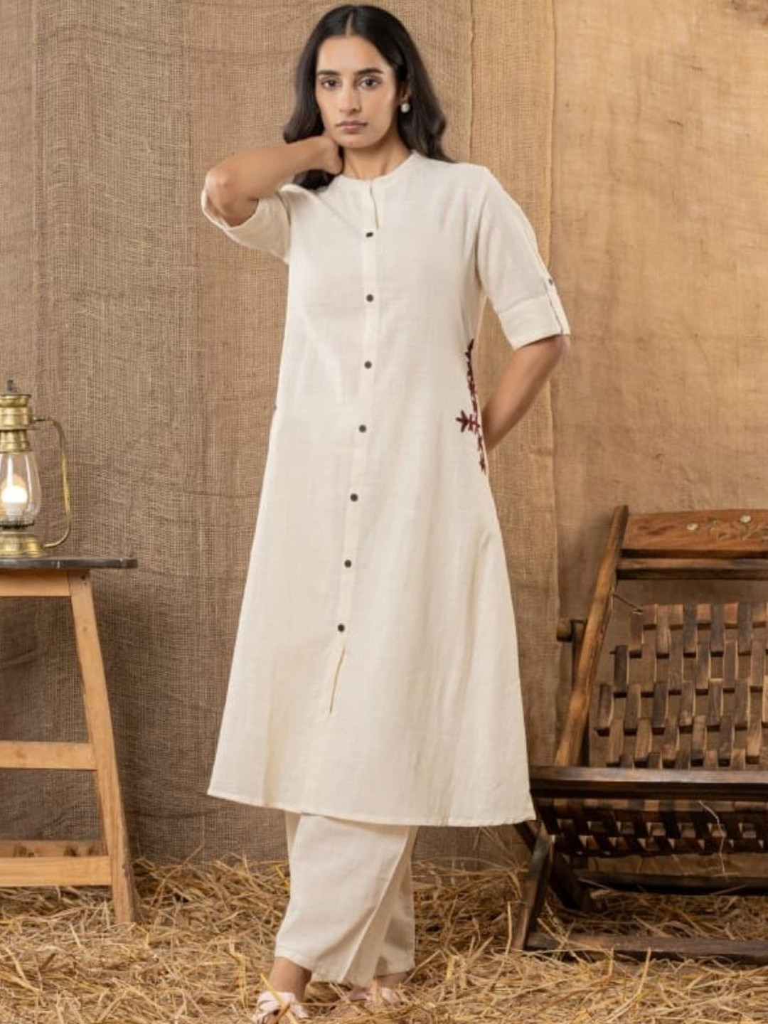 Komfortive Women Ethnic Motifs Embroidered Regular Thread Work Pure Cotton Kurta with Palazzos