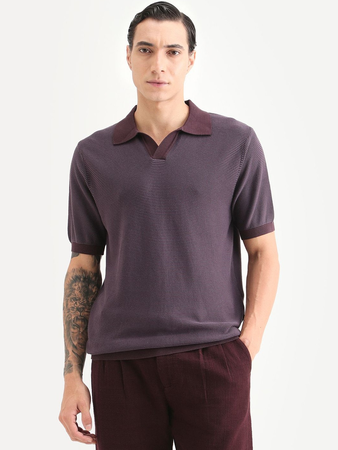 RARE RABBIT Men Textured Spread Collar Half Sleeve Cotton Regular Fit Polo T-Shirt