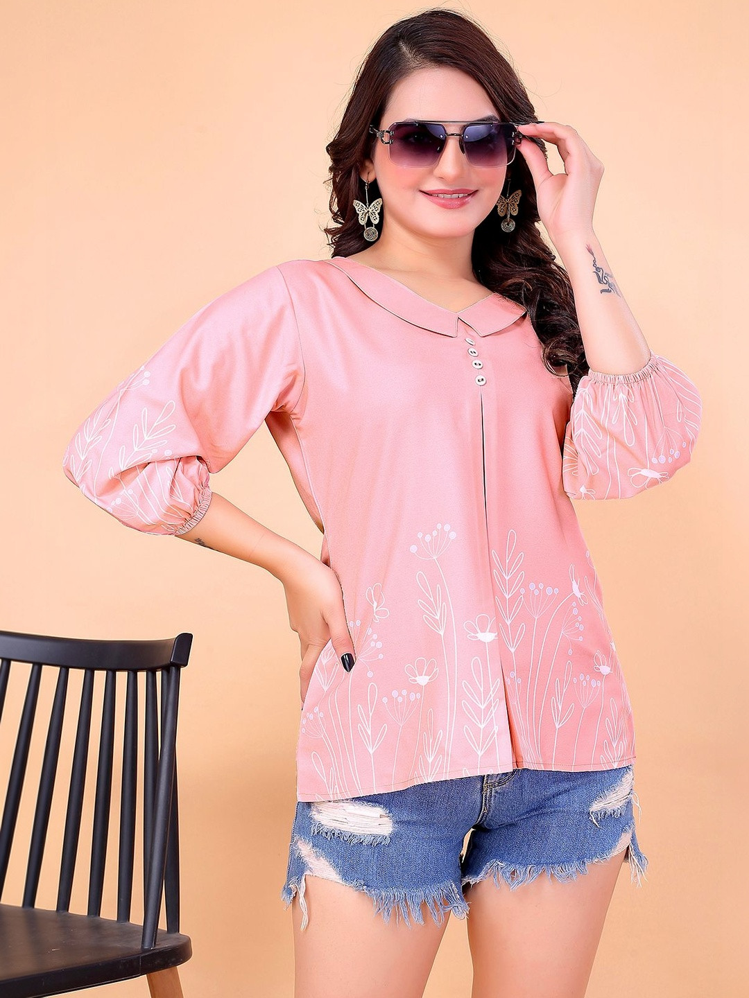 RV TRENDS Floral Print Peter Pan Collar Puff Sleeve Crepe Top