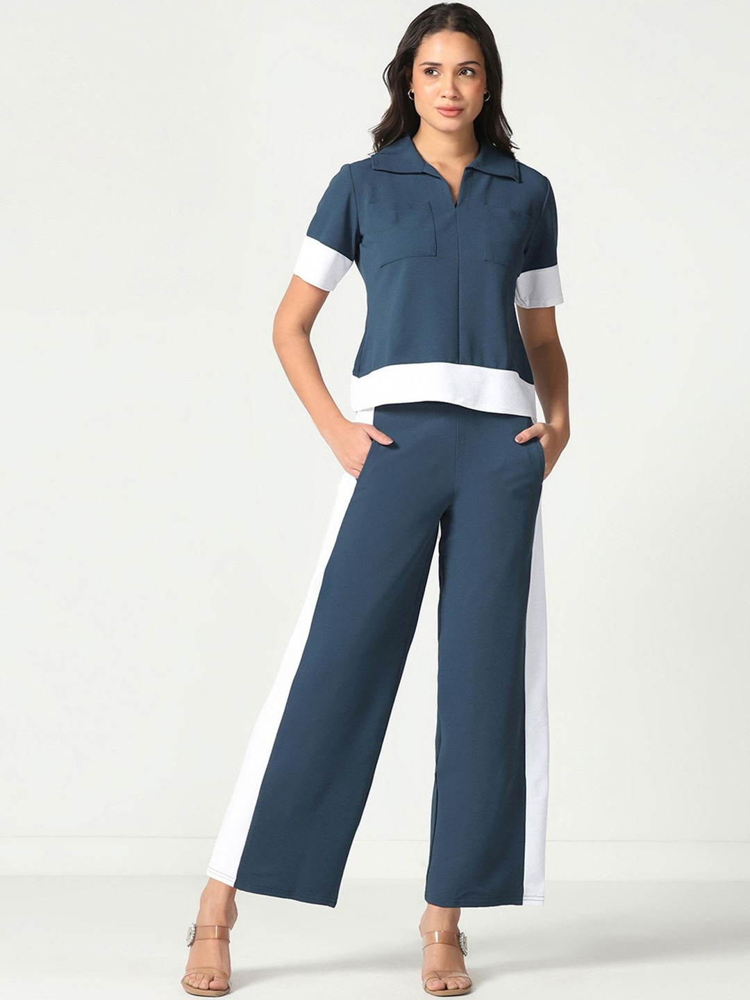 Selvia Edge Colourblocked Shirt Collar Top & Trousers Co-Ords