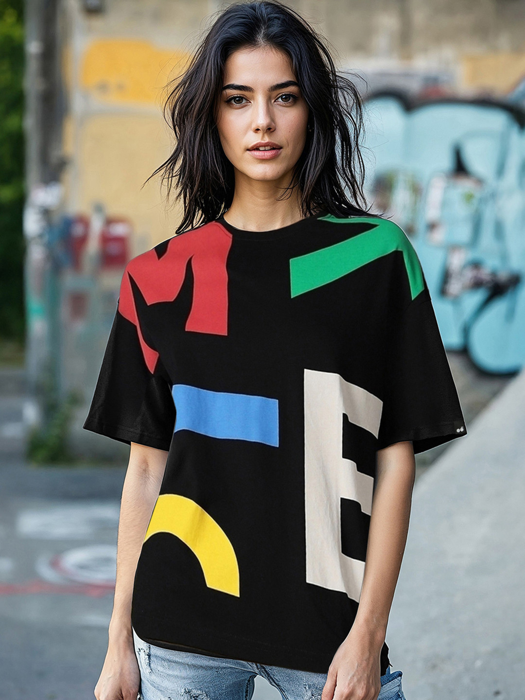Bewakoof Black Typography Printed Round Neck Short Sleeves Cotton Oversized T-shirt