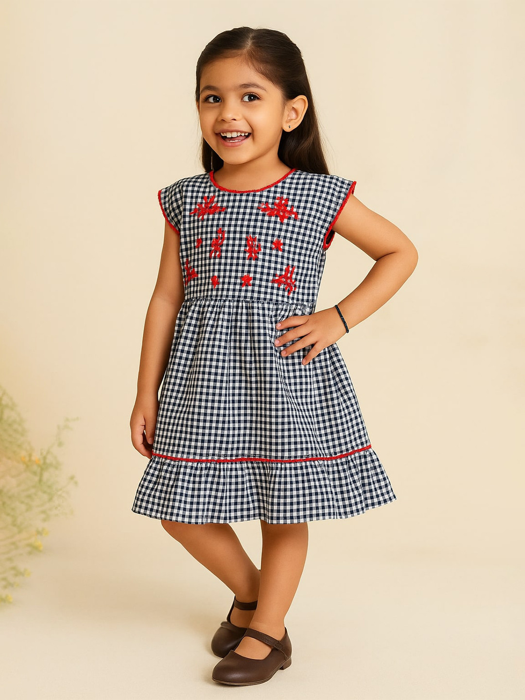 Miyo Girls Black & White Checked Fit and Flare Dress