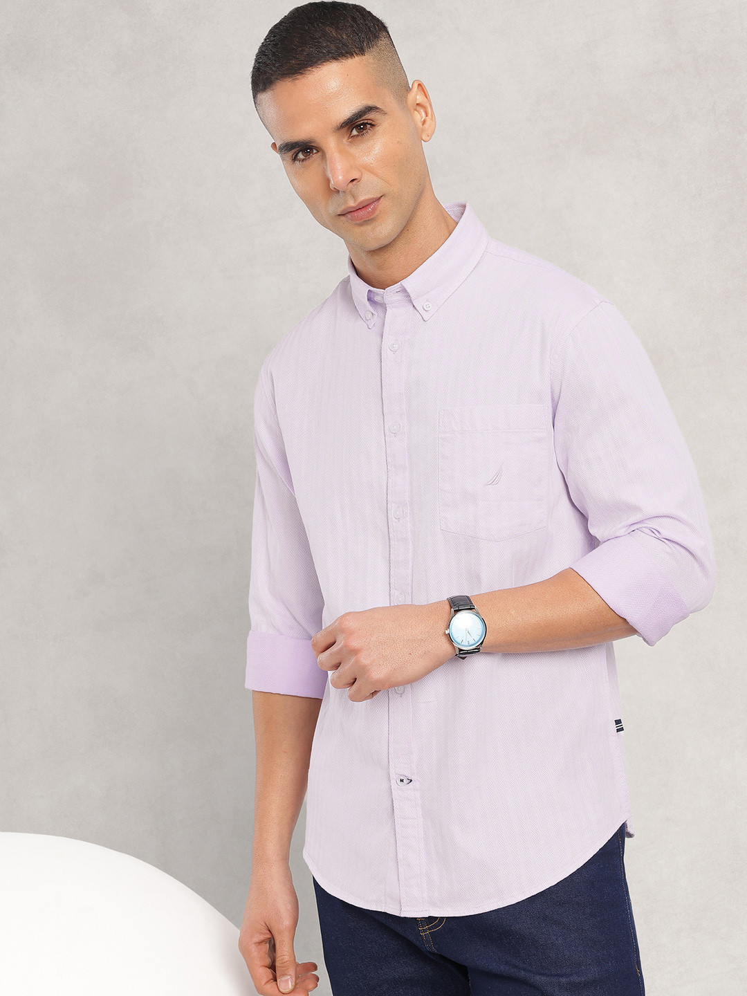 Nautica Slim Fit Self Design Textured Pure Cotton Casual Shirt