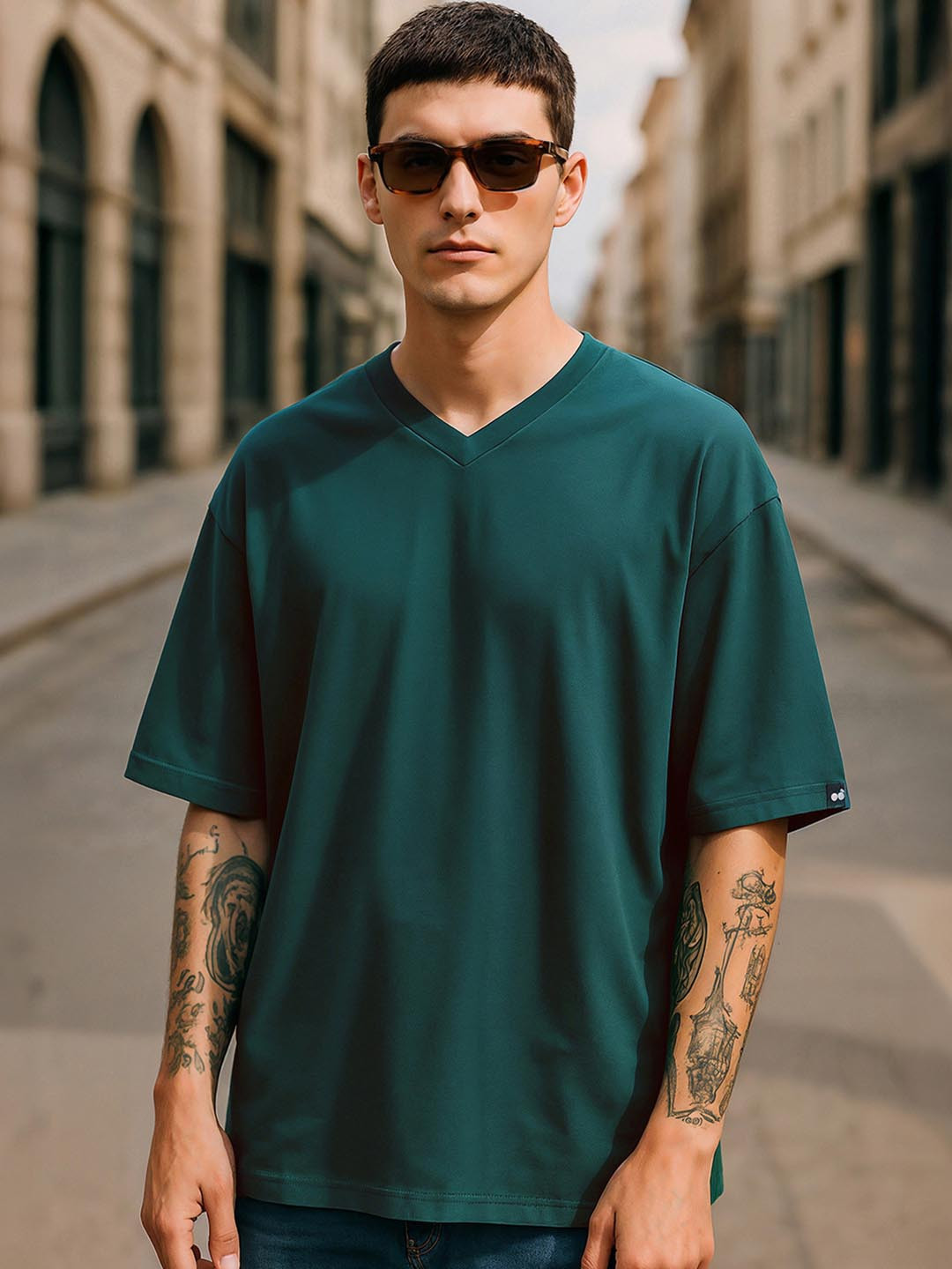 Bewakoof Men Green Cotton V-Neck Drop-Shoulder Sleeves Oversized Fit T-shirt