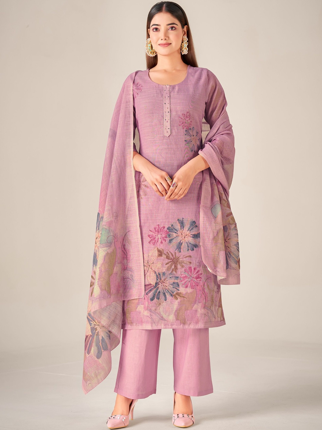 IOLY Women Floral Printed Regular Linen Kurta with Trousers & With Dupatta