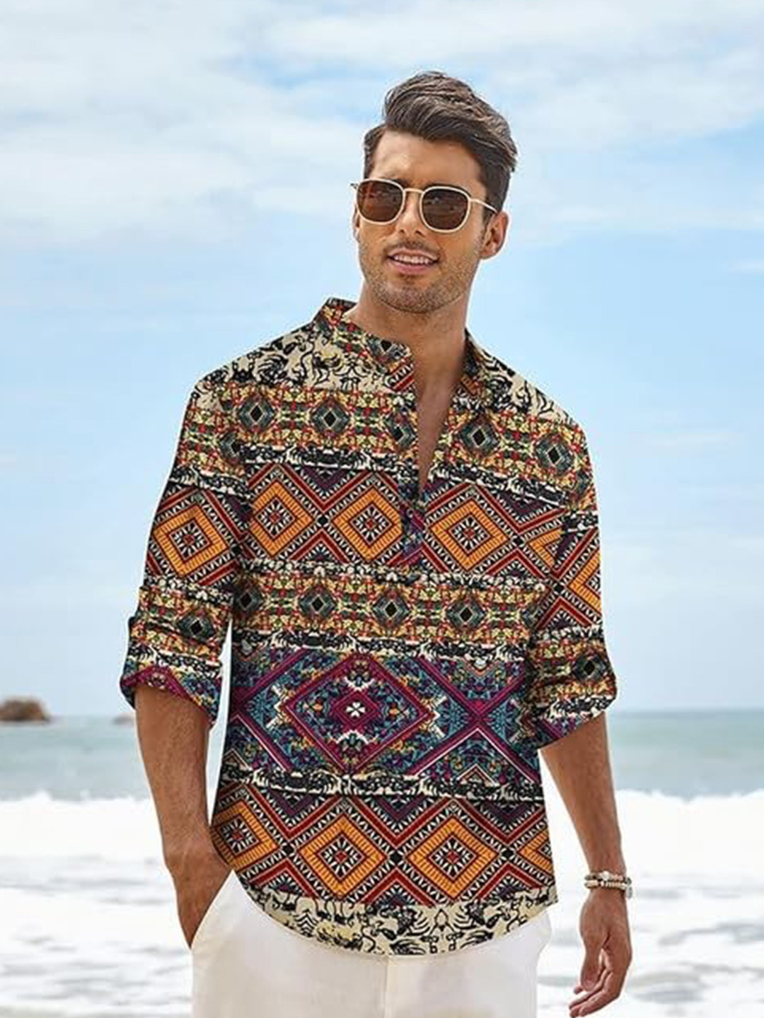 Bellstone Men Solid Regular Fit Mandarin Collar Cotton Blend Casual Shirt