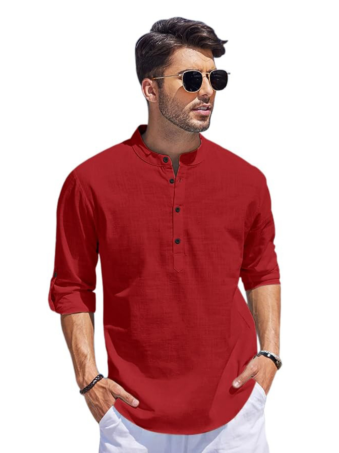 Bellstone Men Solid Regular Fit Mandarin Collar Cotton Blend Casual Shirt