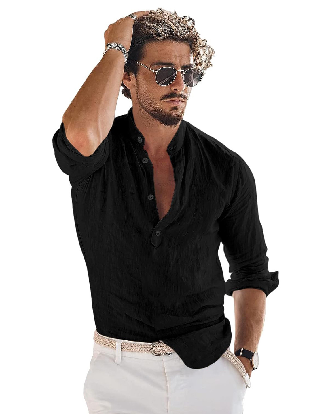 Bellstone Men's Solid Regular Fit Mandarin Collar Cotton Blend Casual Short Kurta