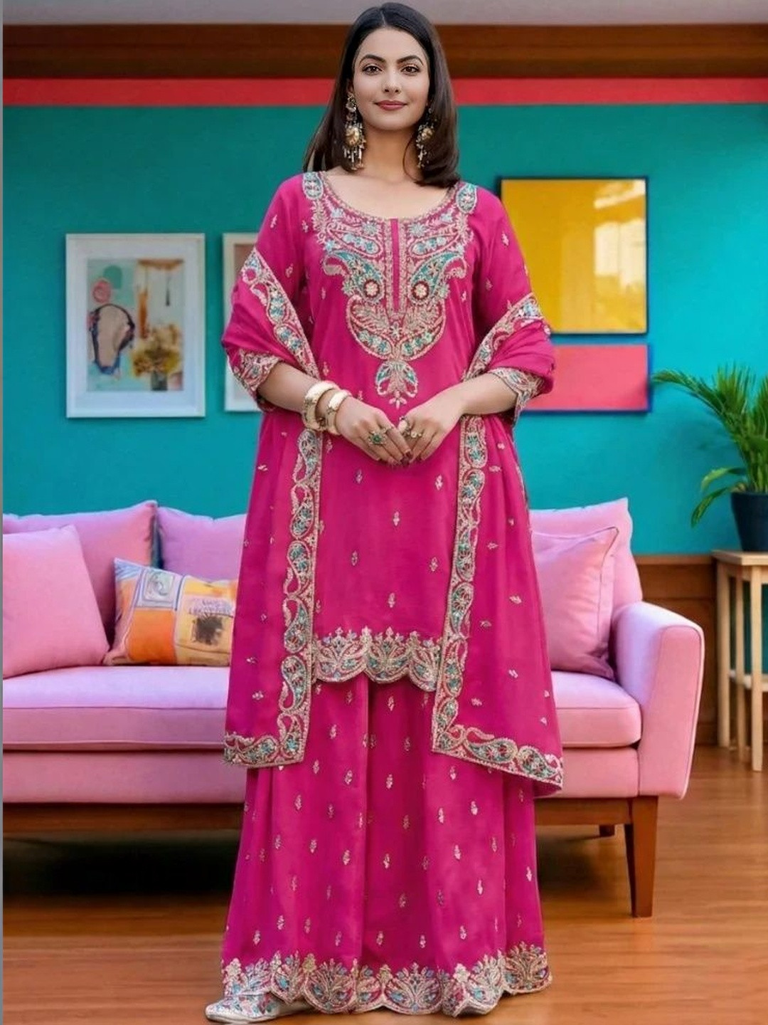CARTYSHOP Women Ethnic Motifs Embroidered Regular Thread Work Kurta with Palazzos & With Dupatta