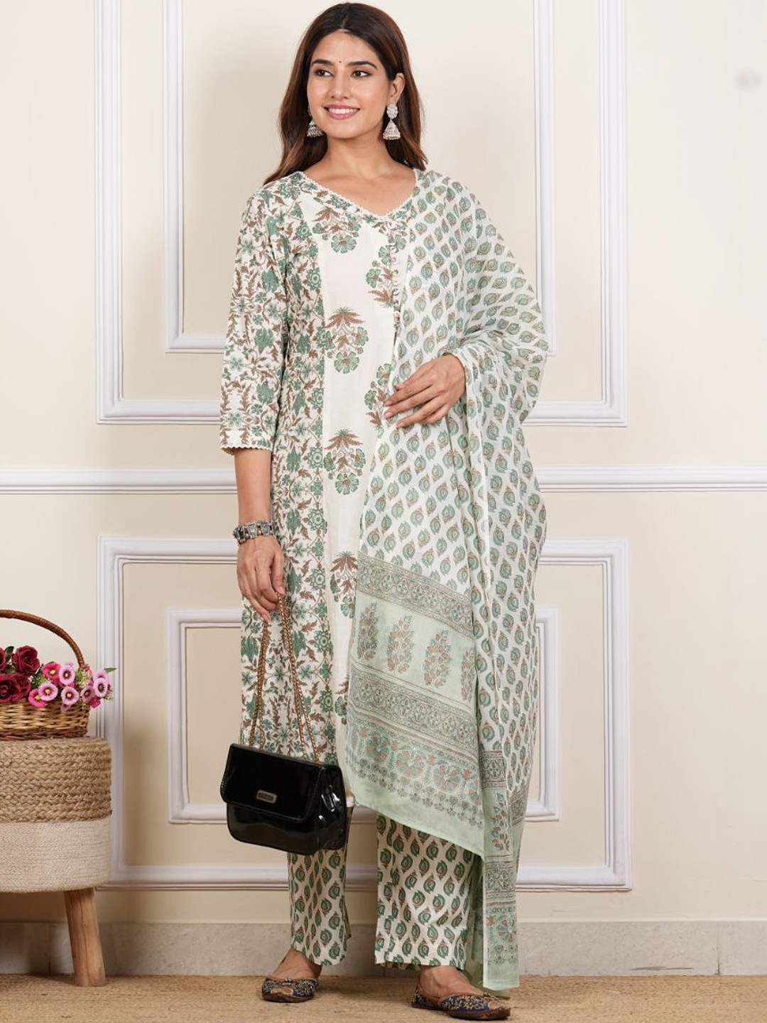 YASH GALLERY Women Ethnic Motifs Printed Regular Pure Cotton Kurta with Trousers & With Dupatta