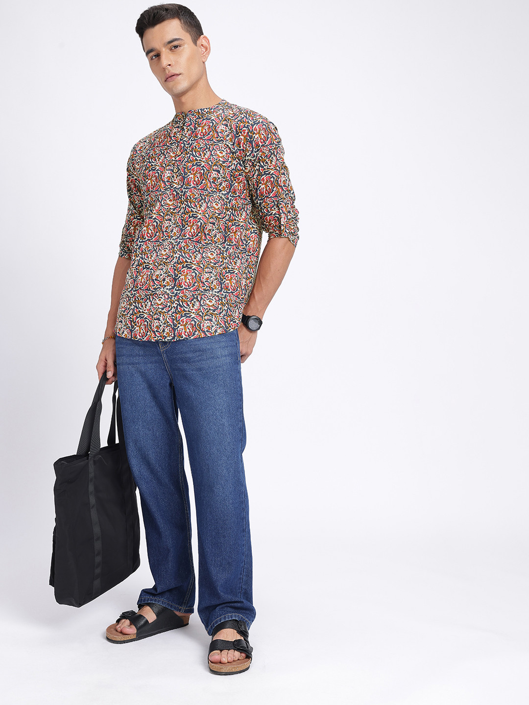 Anouk Rustic Indie Floral Printed Band Collar Kurta