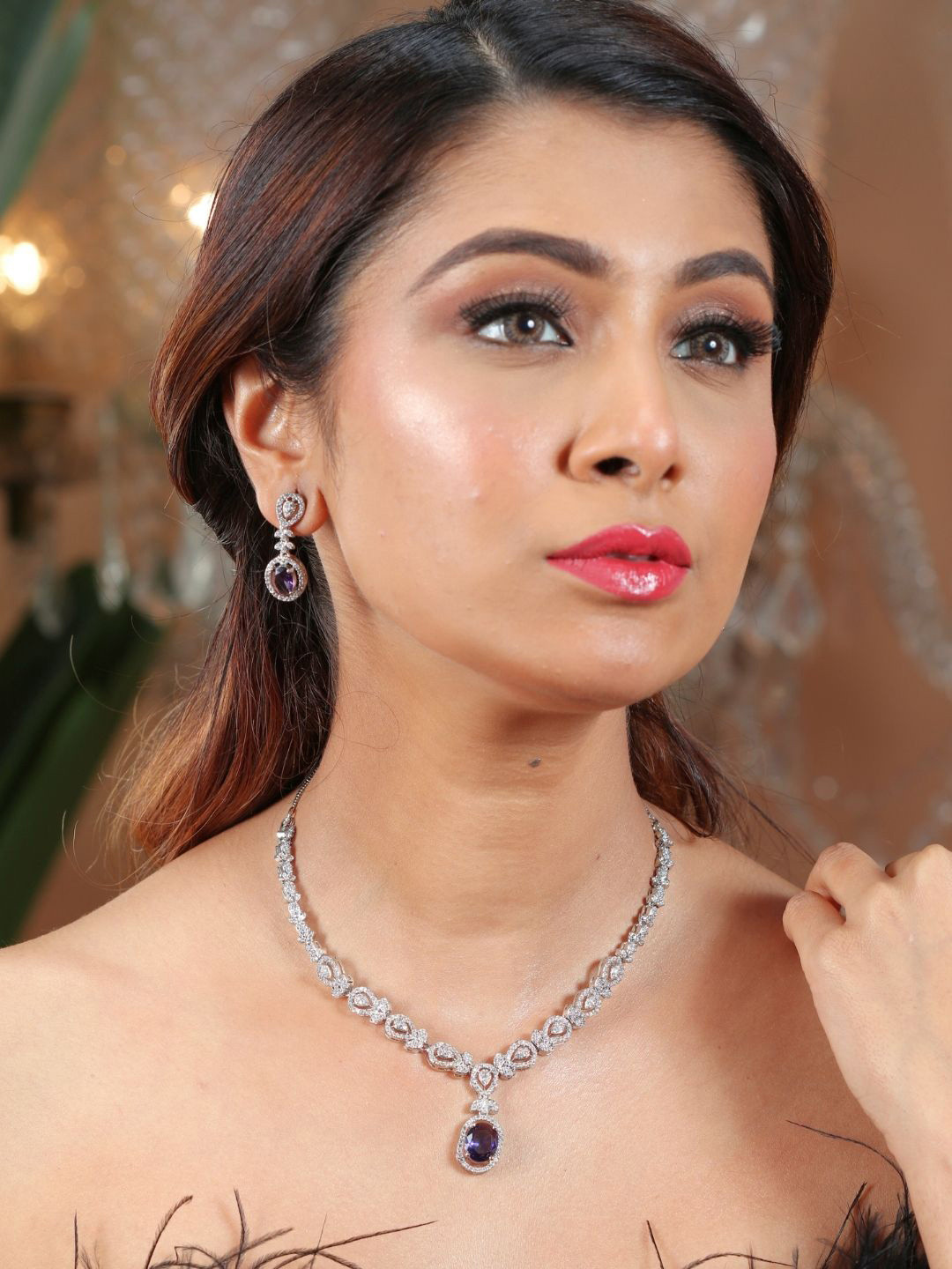 IKSAVA Women Purple Gemstone Silver-Plated Necklace and Earrings