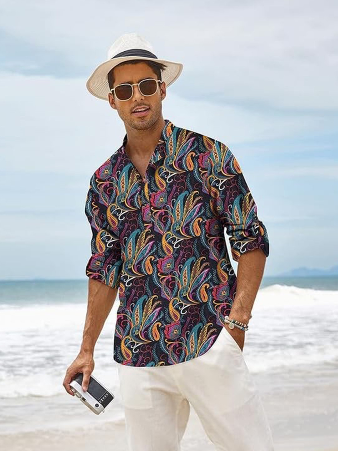 Bellstone Men Solid Regular Fit Mandarin Collar Cotton Blend Casual Shirt