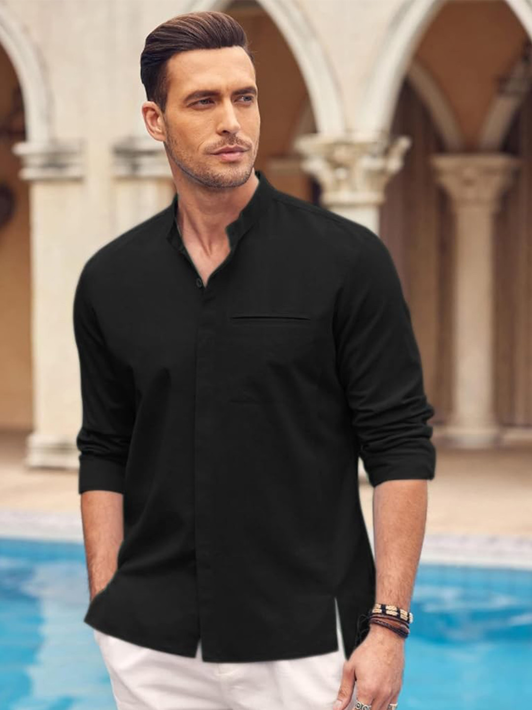 Bellstone Men Regular Fit Mandarin Collar Cotton Blend Casual Shirt