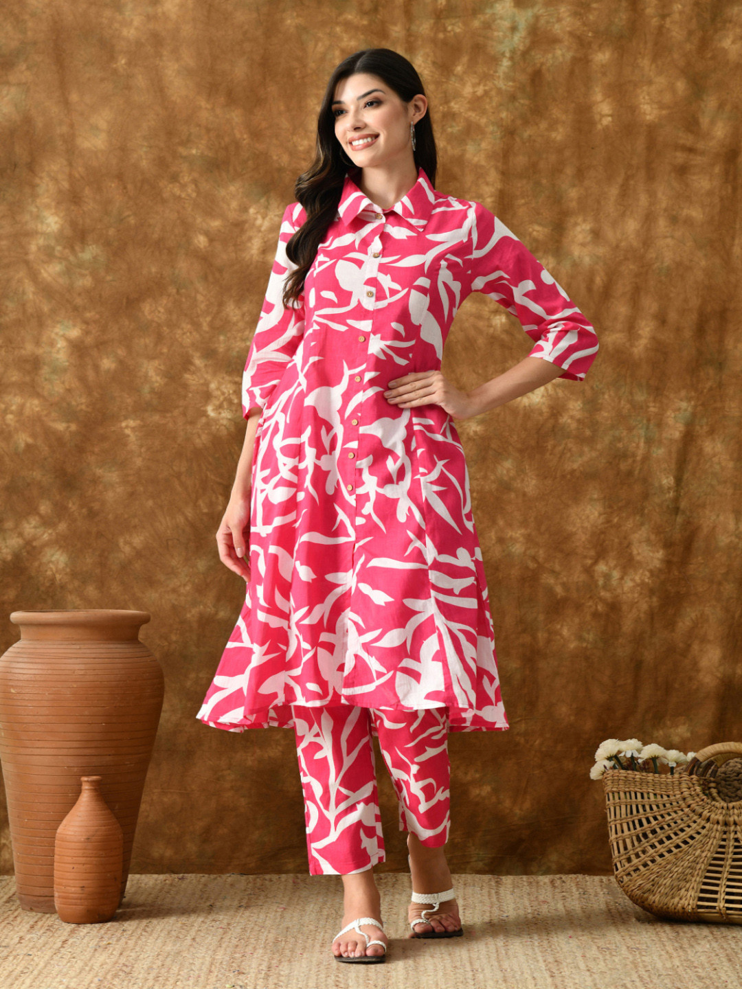 VCJ Printed Pure Cotton Shirt Collar Neck Top With Trousers Co-Ords