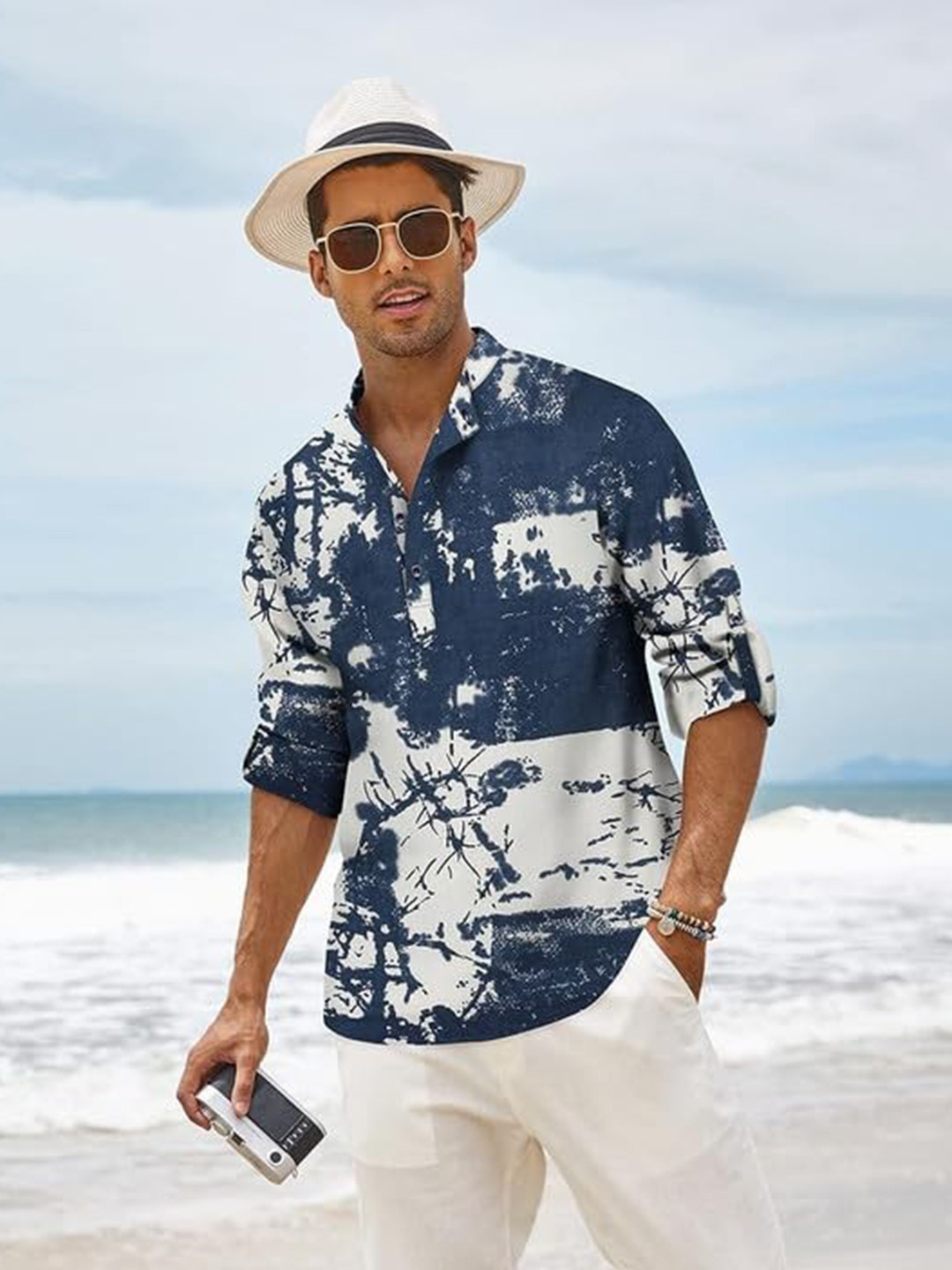 Bellstone Men Solid Regular Fit Mandarin Collar Cotton Blend Casual Shirt