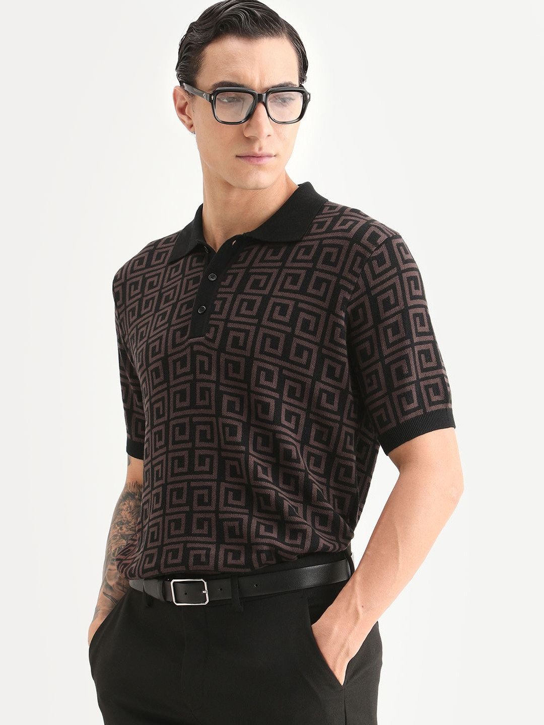 RARE RABBIT Men Geometric Print Spread Collar Half Sleeve Cotton Regular Fit Polo T-Shirt