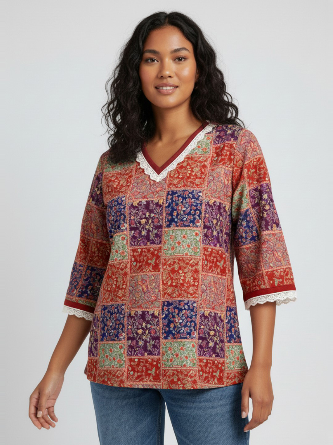 Anouk Rustic Floral Printed Straight Kurti with Lace Inserts