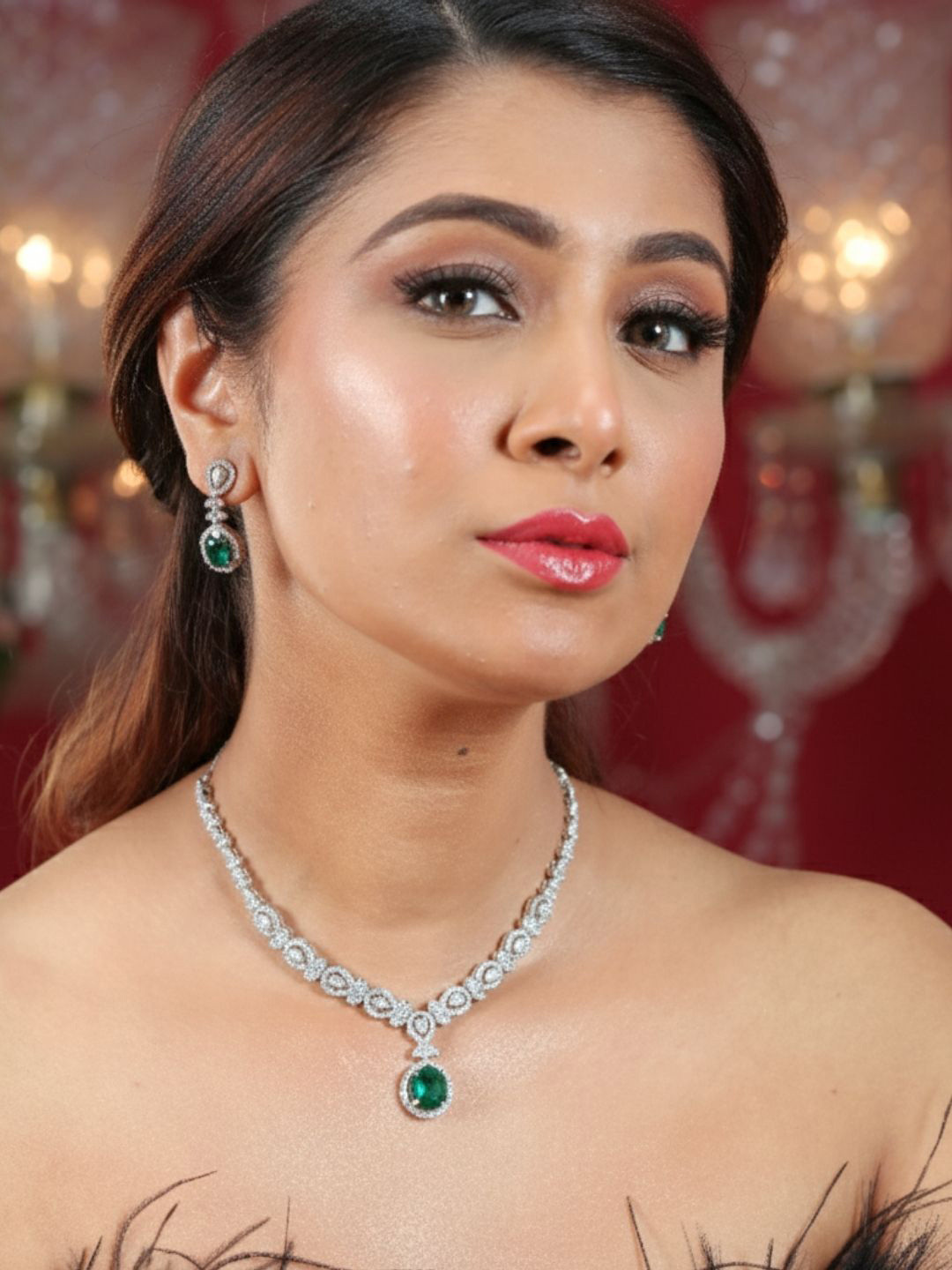 IKSAVA Stainless Steel Silver-Plated American Diamond Studded Necklace And Earrings
