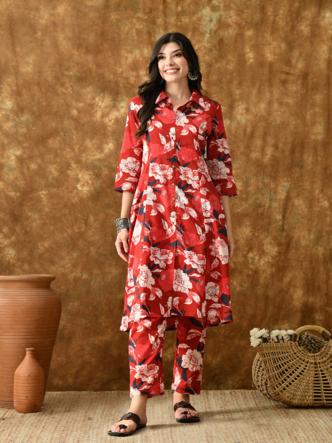 VCJ Floral Printed Pure Cotton Shirt Collar Tunic With Trousers Co-Ords