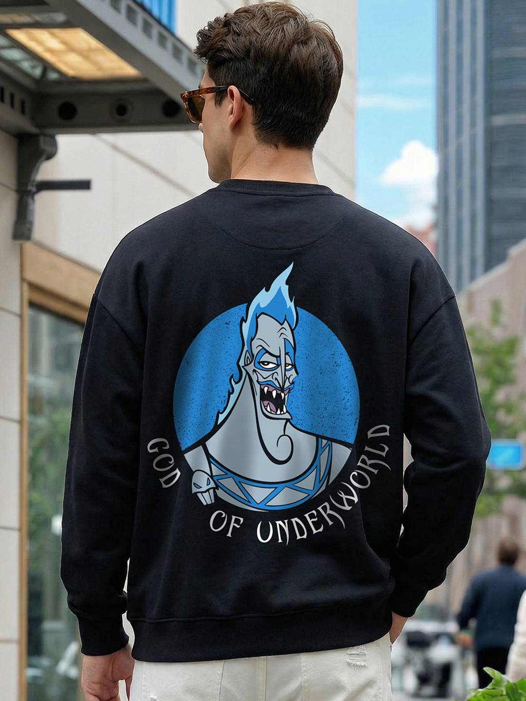 Bewakoof Black God of Underworld Printed Long Sleeves Oversized Pullover Sweatshirt