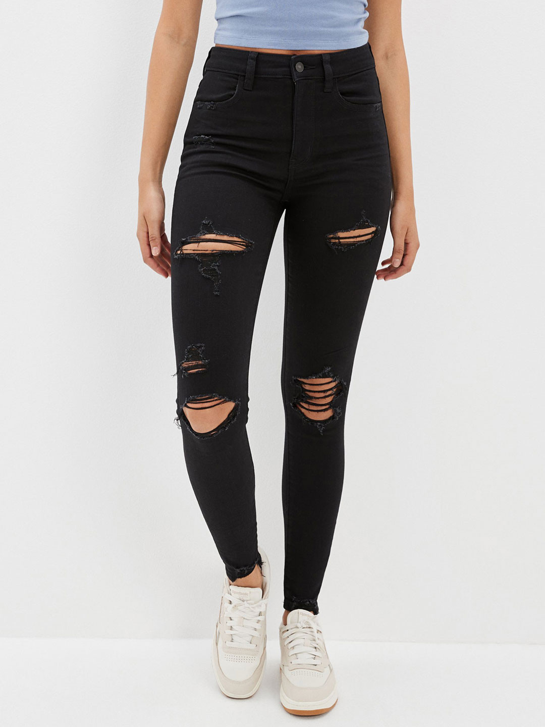 American Eagle Women Black Ripped Next Level Stretch High Rise Jegging