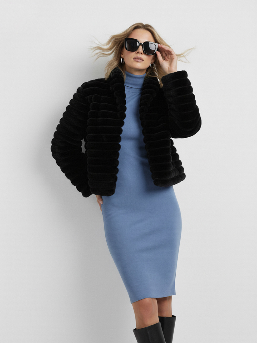 French Connection Faux Fur Trim Shawl Collar Open Front Jacket