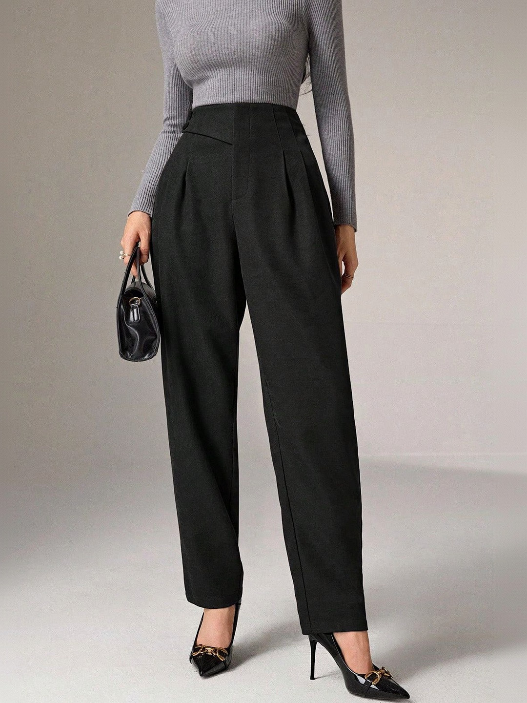 SAKHWALA Women Relaxed Straight Leg Loose Fit High-Rise Wrinkle Free Pleated Trousers