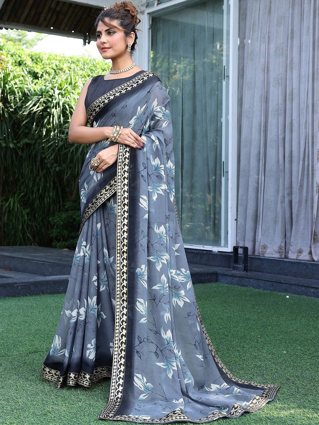 JANOI Floral Poly Georgette Saree