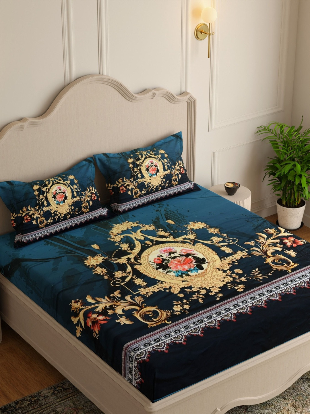 Pure Decor Green & Beige Floral 130 TC Queen 7d double bed Bedsheet with 2 Pillow Covers
