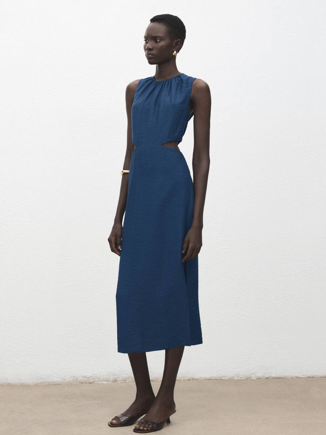 MANGO Ruched Effect Sheath Midi Dress with Cut-Out Detail