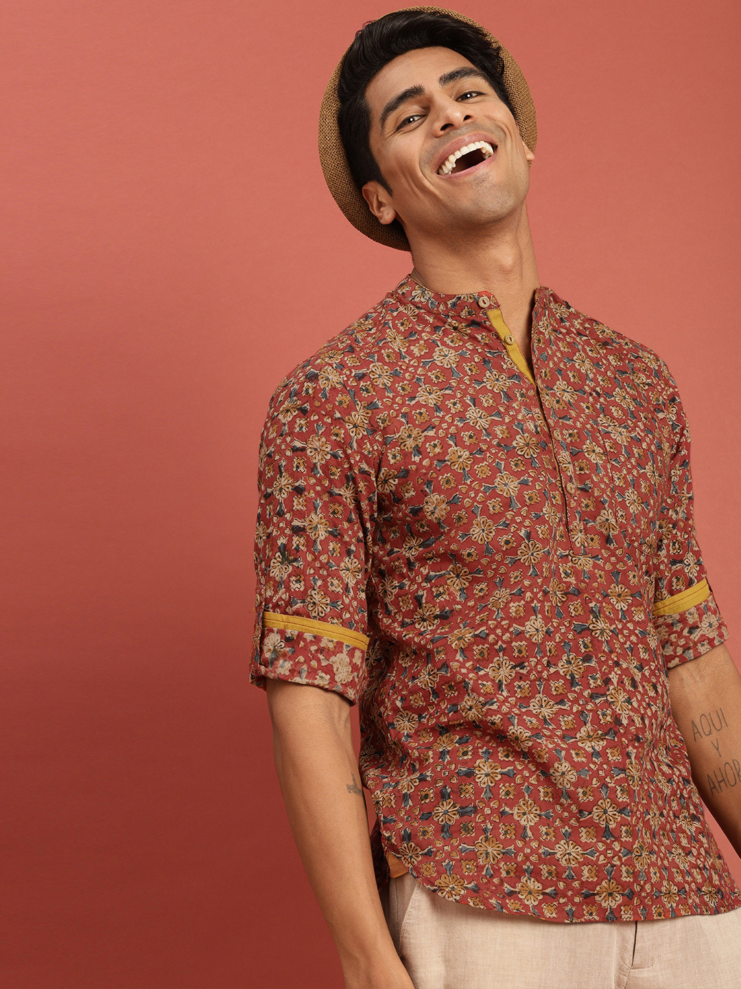 Taavi Men Red Kalamkari Block Printed Straight  Kurta with Roll-Up Sleeves