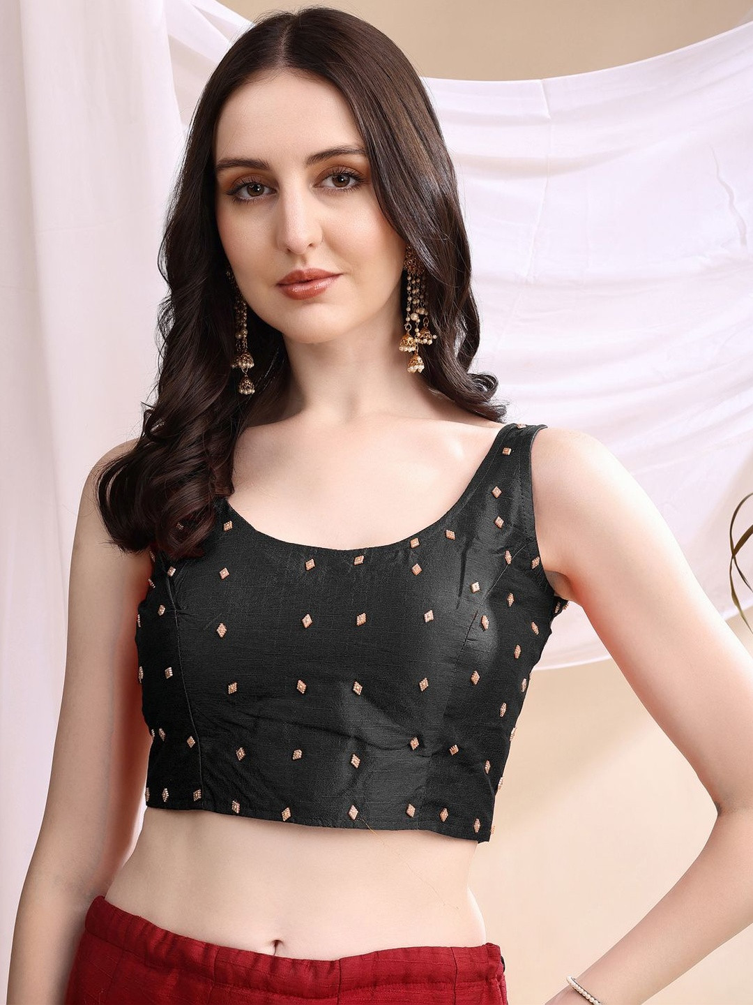 PUJIA MILLS Embellished Round Neck Padded Saree Blouse