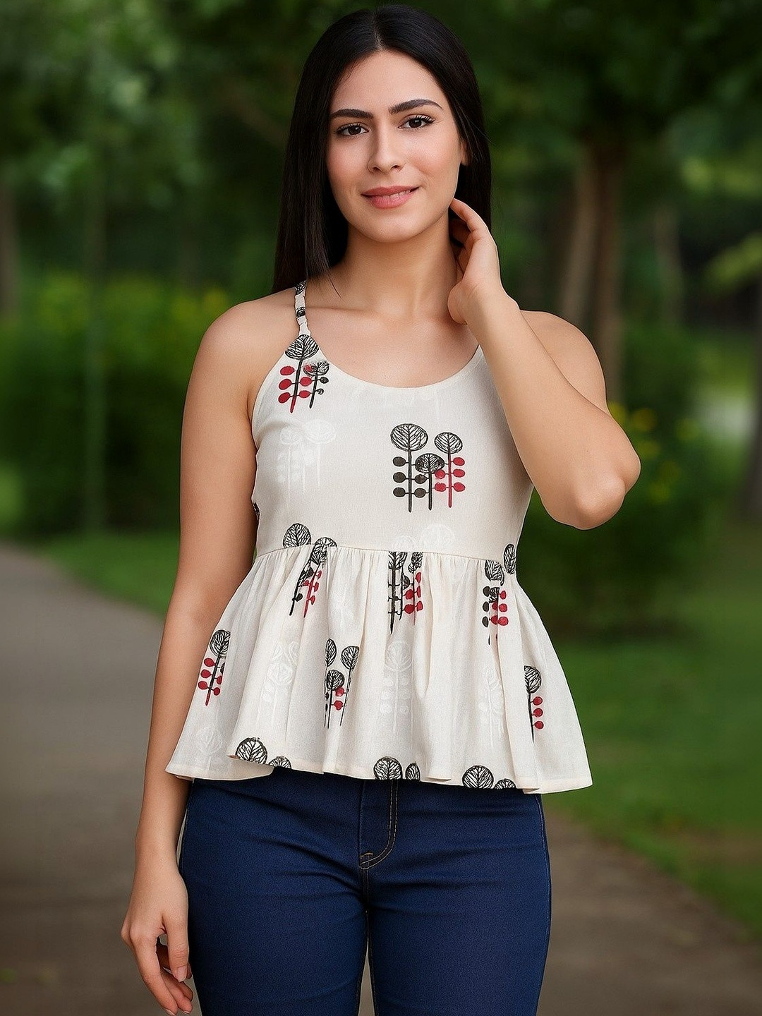 UNFAKENOW Print Cotton Peplum Top