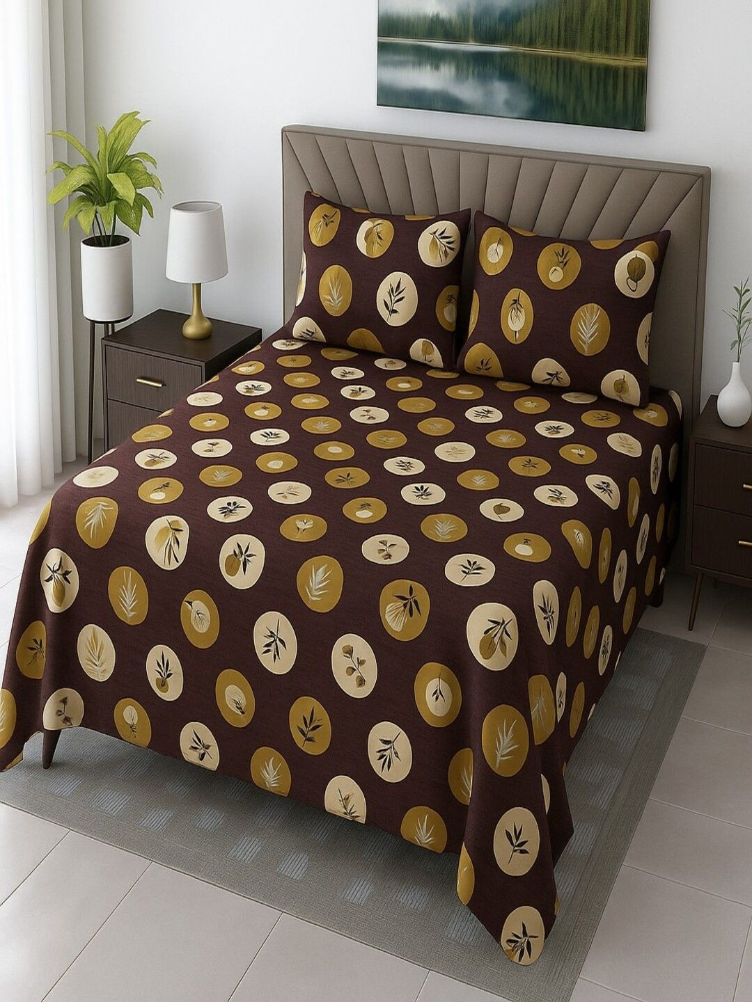 Threadwear Brown Floral 400 TC Super King Bedsheet with 2 Pillow Covers