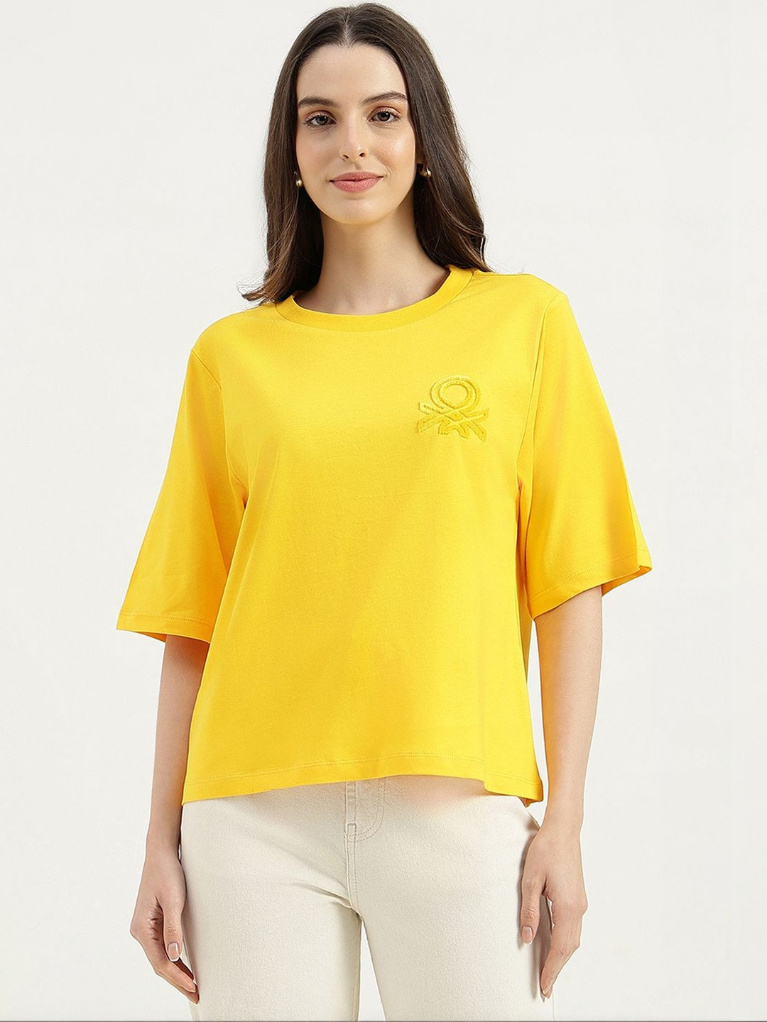 United Colors of Benetton Women Brand Logo Dolman Sleeves Pure Cotton T-shirt