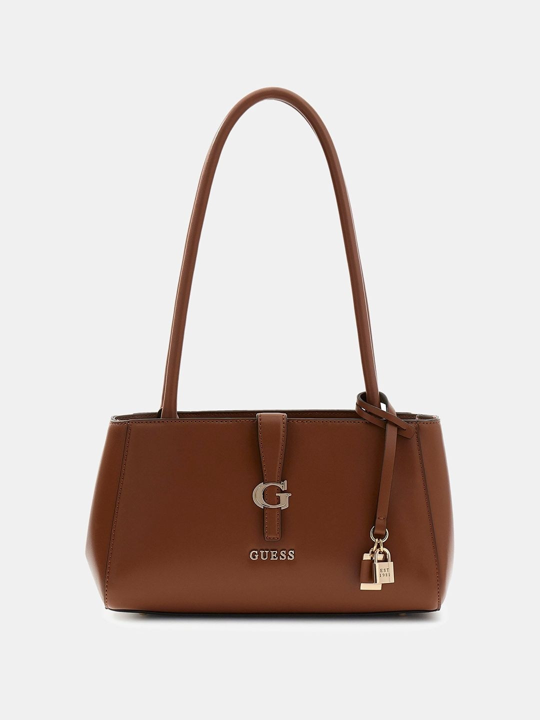GUESS Cognac Solid Buckle Detail Large Structured Shoulder Bag