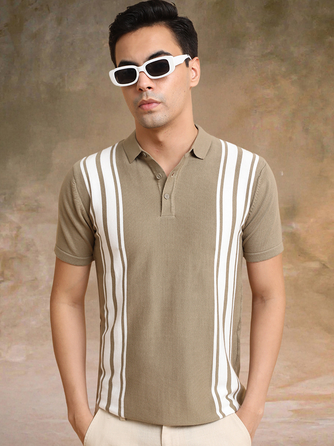 Maniac Men Striped Polo Collar Pockets T-shirt