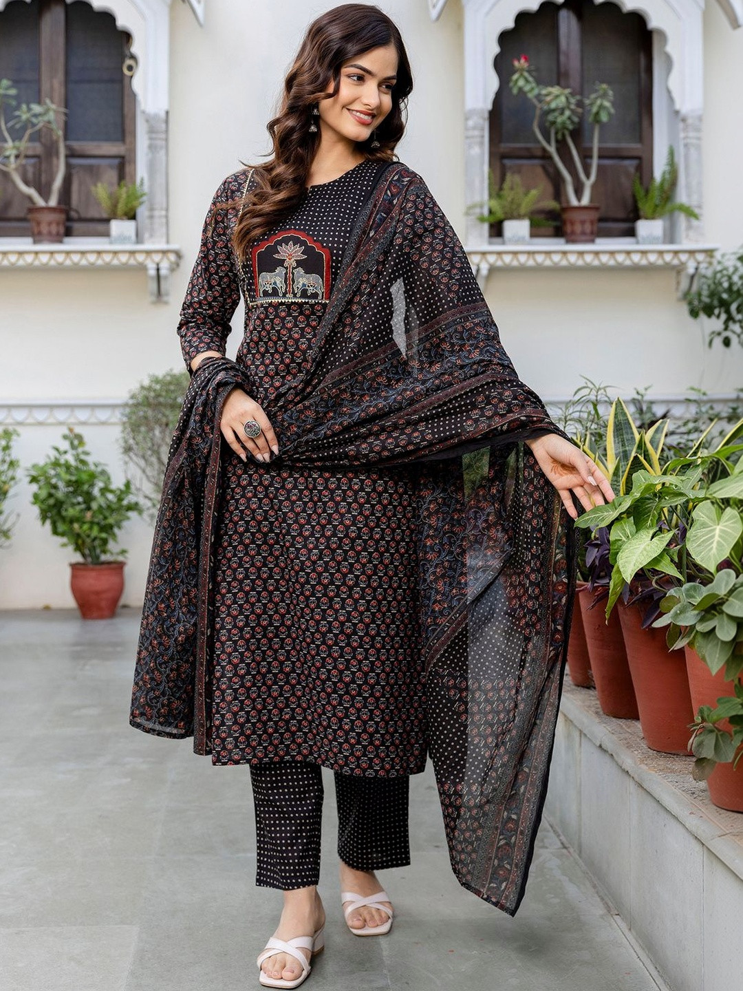 Indo Era Women Ethnic Motifs Printed Regular Thread Work Pure Cotton Kurta with Trousers & With Dupatta