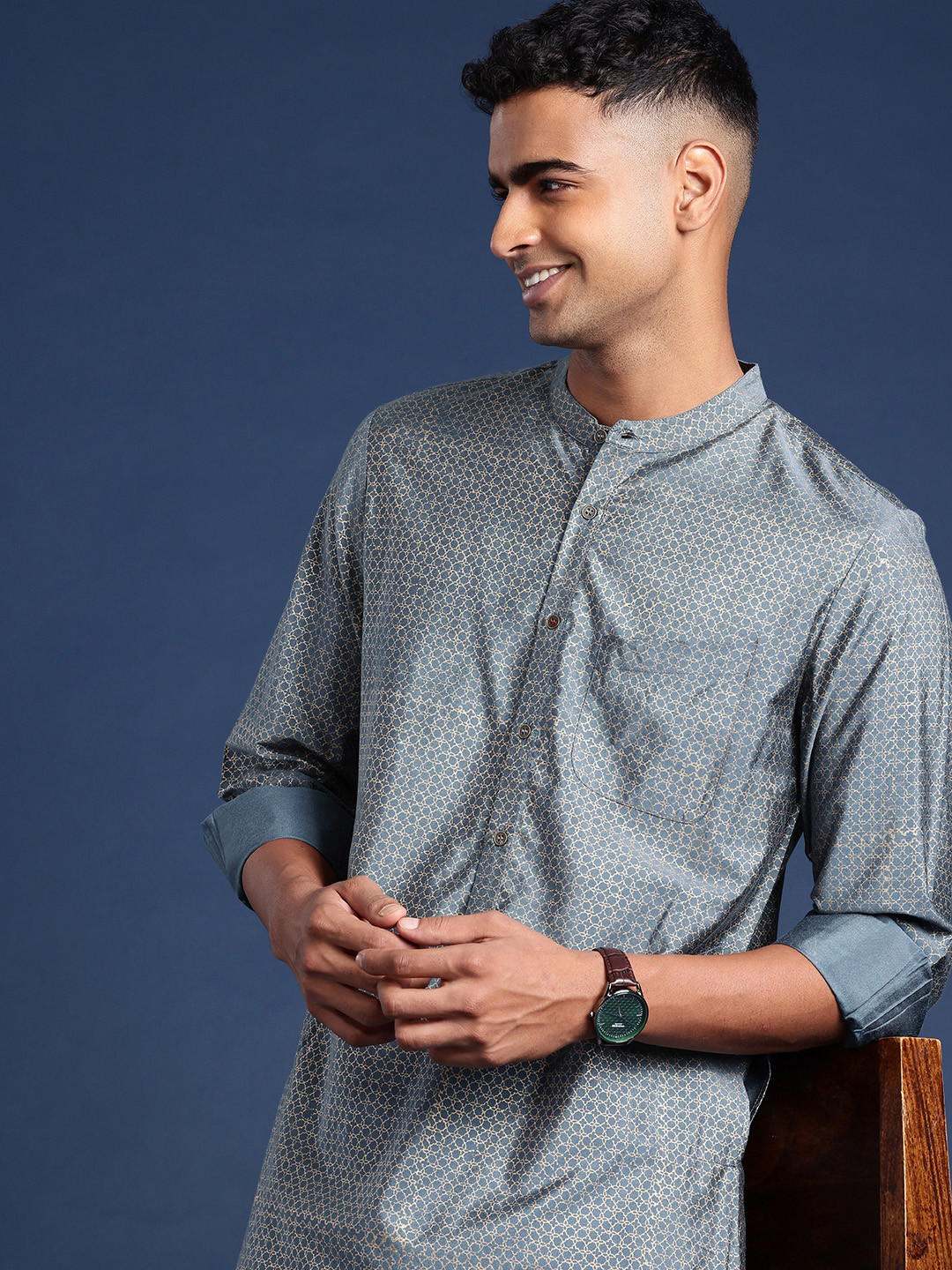 Taavi Ethnic Printed Band Collar Festive Kurta with Trousers