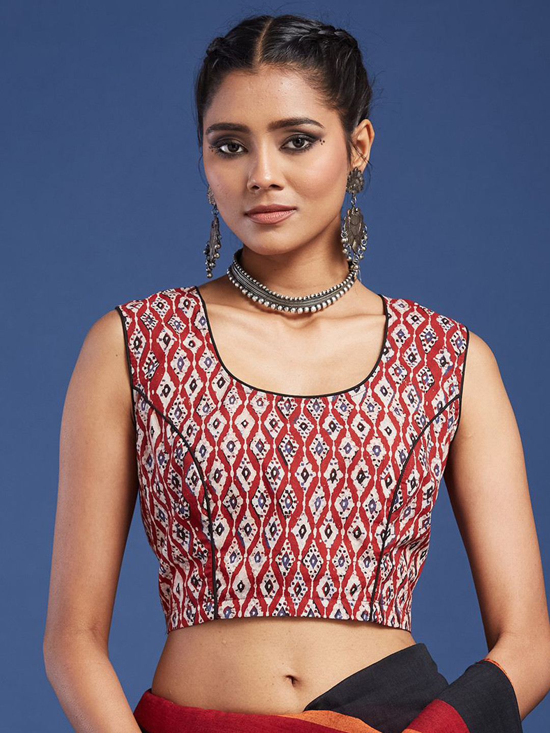 Taavi Ajrakh Printed Cotton Sleeveless Saree Blouse