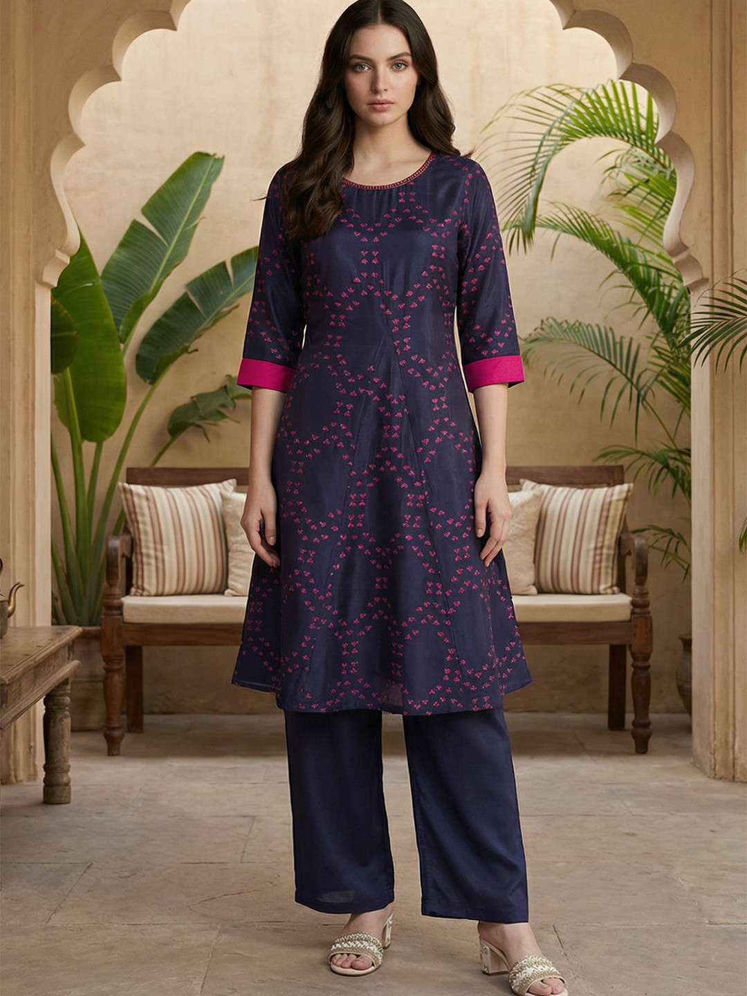 W Ethnic Motifs Printed Round Neck A-Line Kurta