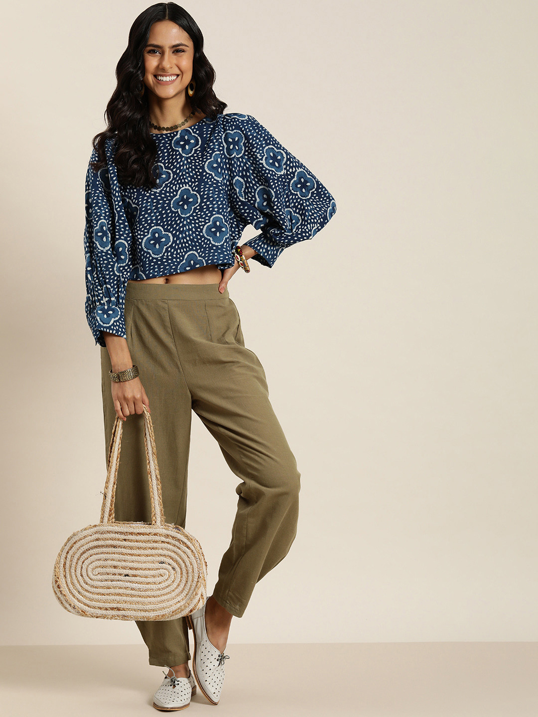 Taavi Floral Print Bishop Sleeves Pure Cotton Crop Top