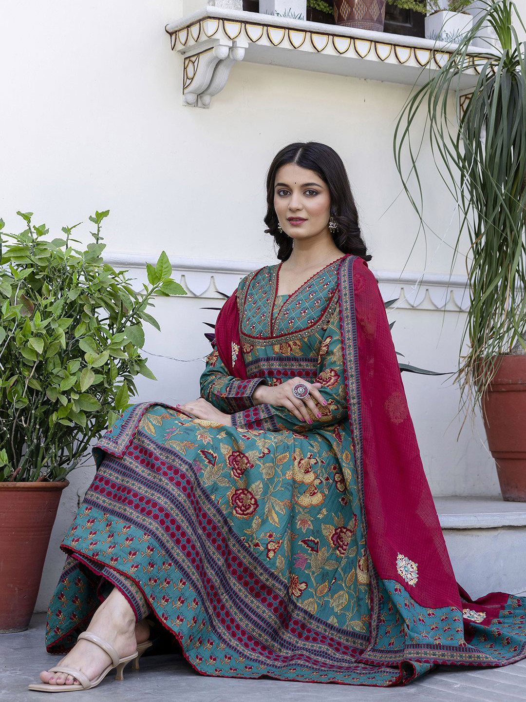 Pistaa Floral Printed V-Neck Sequinned Pure Cotton Anarkali Kurta With Palazzo And Dupatta
