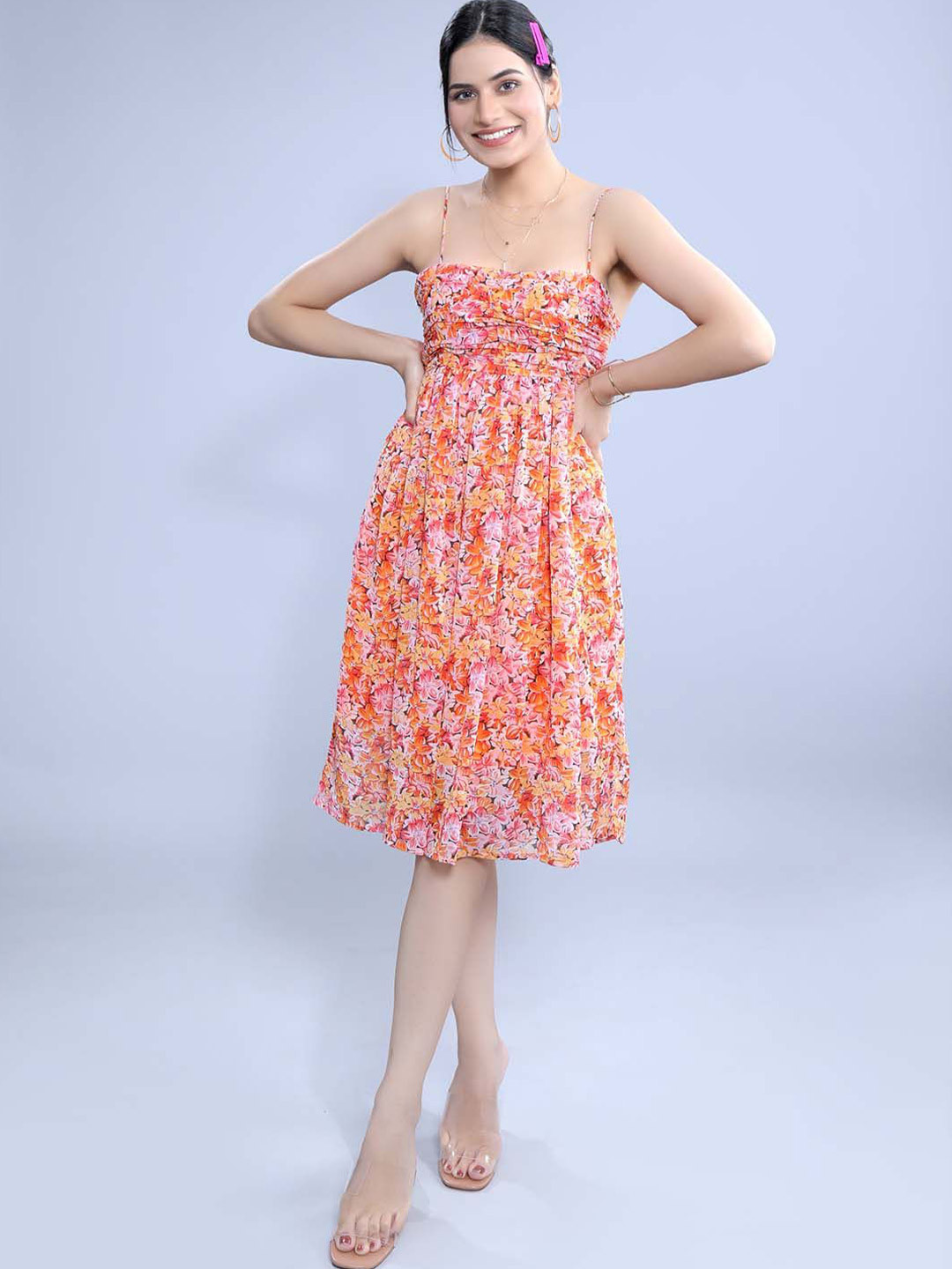 French Theory Women Floral Printed Square Neck Shoulder Straps Fit & Flare Dress