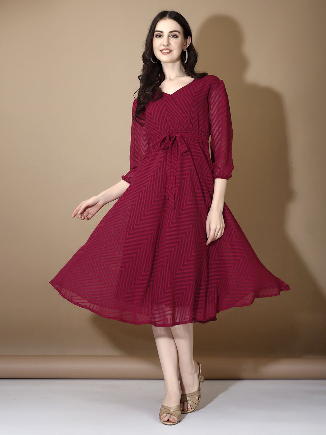 CORSICA Chevron Self Design Layered Georgette Fit & Flare Midi Dress