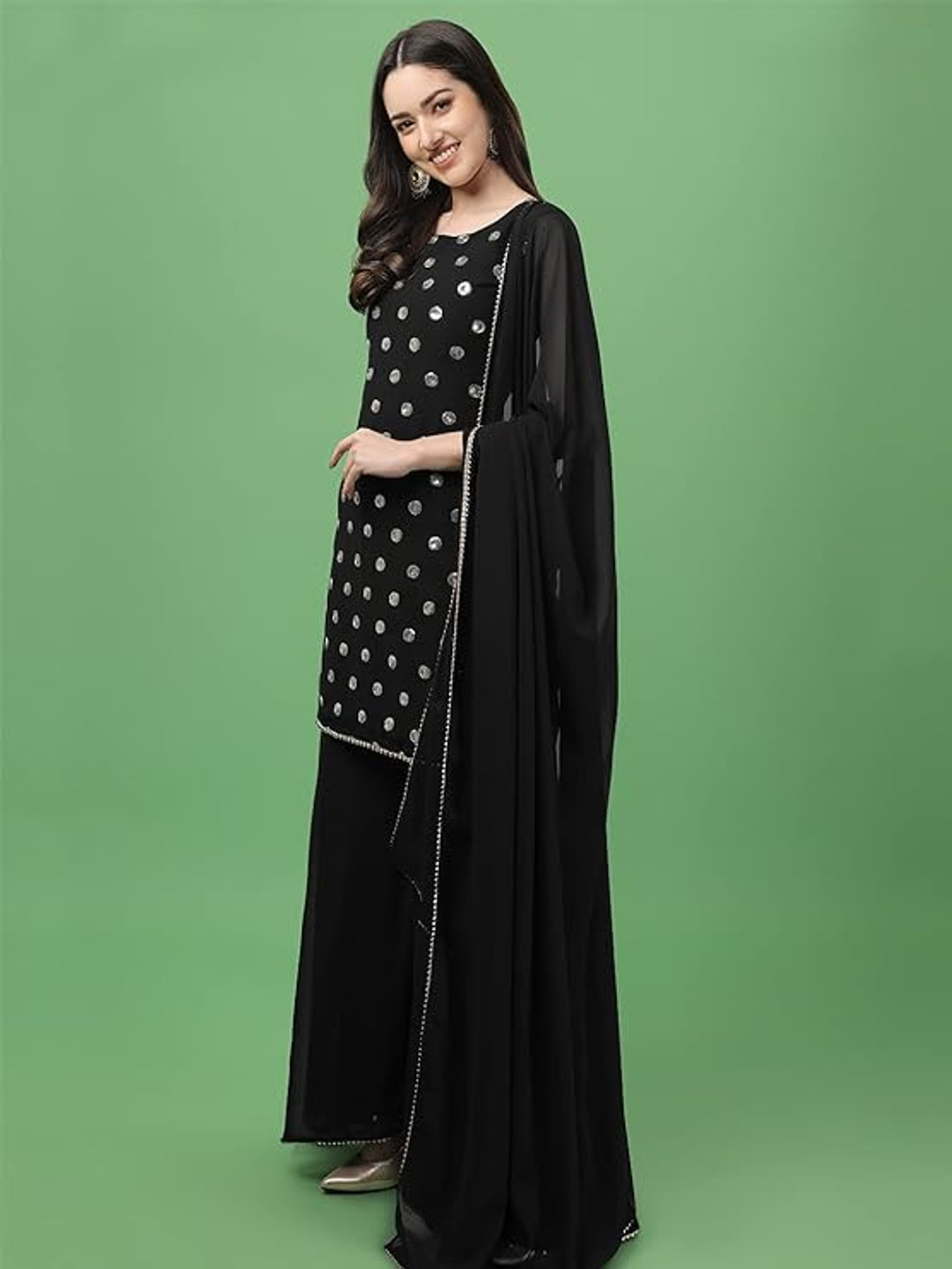 PARROT CREATION Geometric Embroidered Georgette Straight Kurti With Palazzo & Dupatta