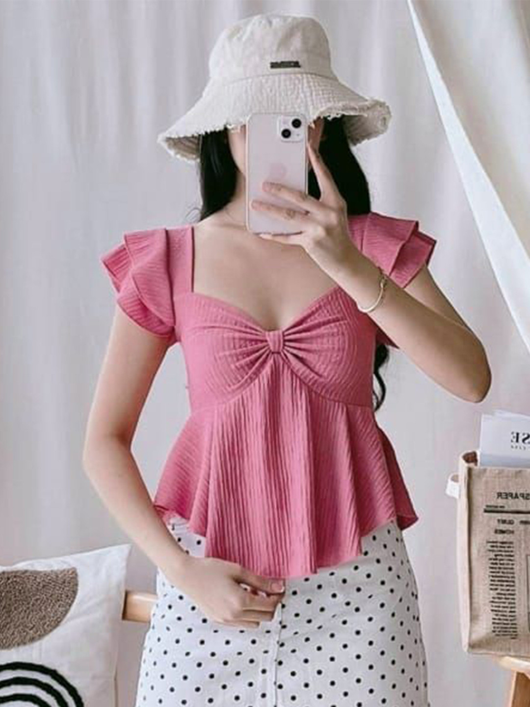 RAZA SHOPING Women Sweetheart Neck Flutter Sleeve Empire Top