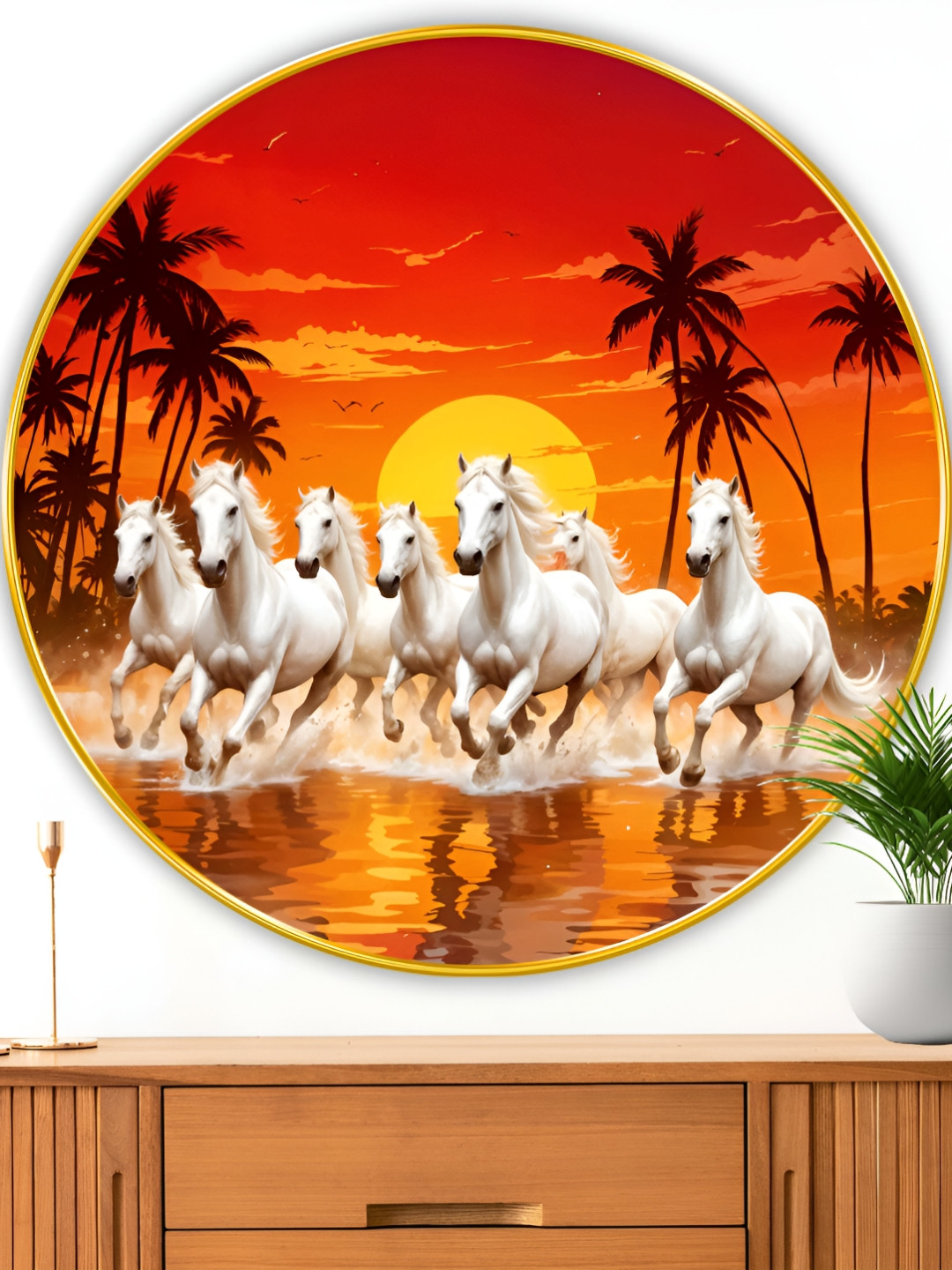 Myntra Elegant Homes Running Horses Wood Wall Round Paintings Wall Art -22.8x22.8In